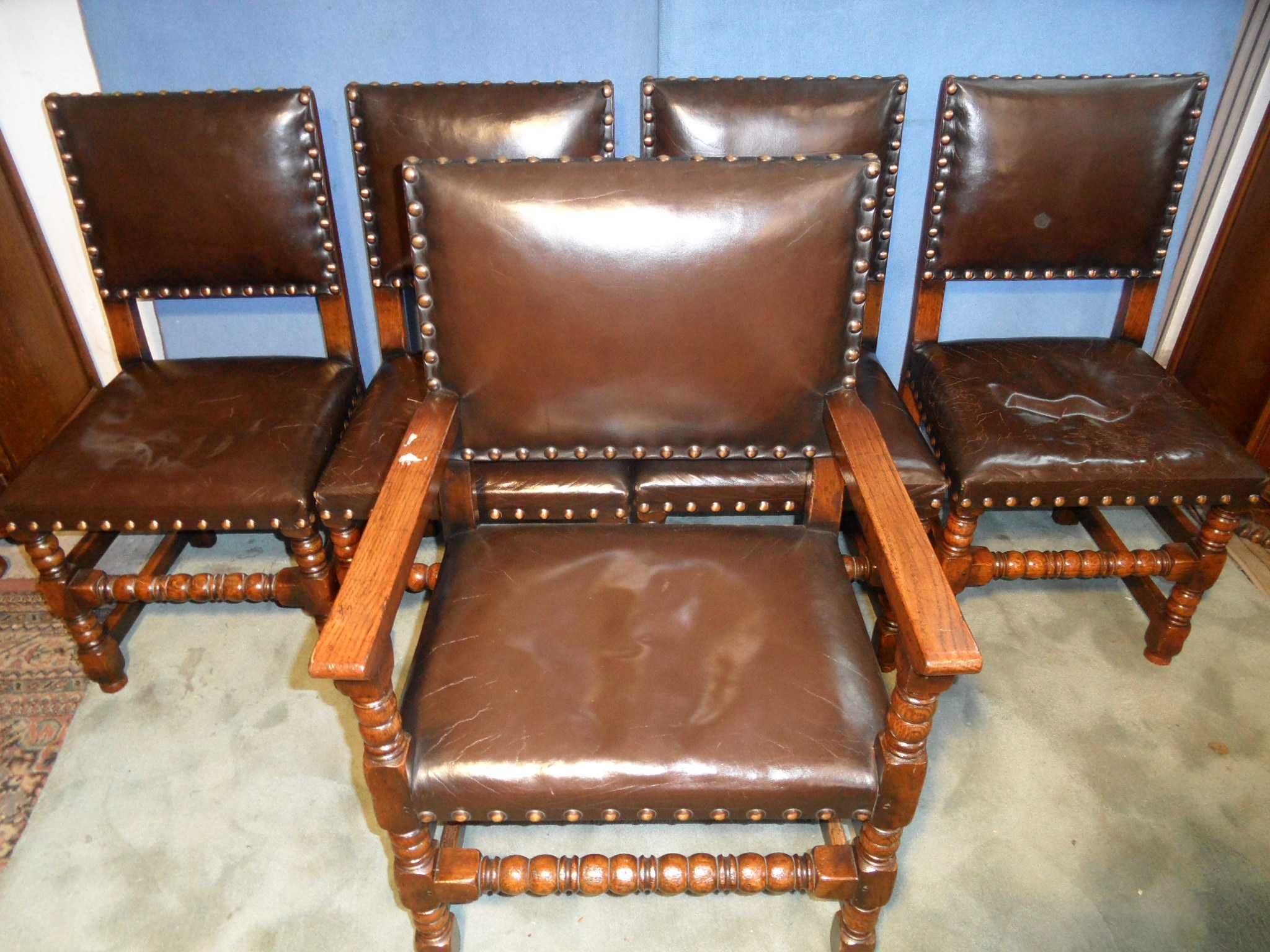 Vintage 5 Krzeseł Skóra Brąz Ćwiekowane z Holandii