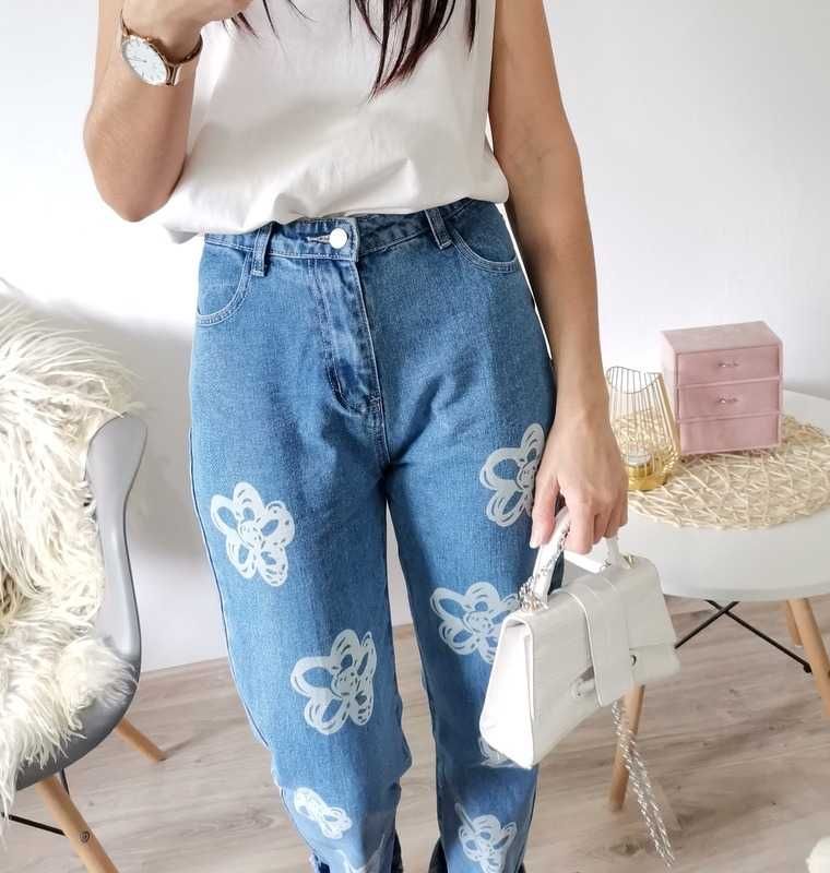 Jeansy proste mom jeans w kwiaty 36 S