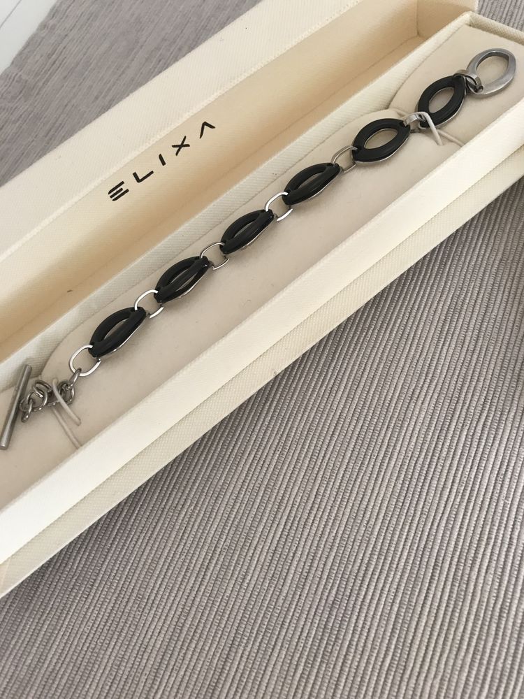 Zestaw biżuteria eleganckie srebrne czarne kolczyki bransoletka Elixa