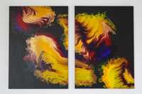 Dwuczęściowy obraz abstrakcyjny "Juego de fuego", żywe kolory, dyptyk