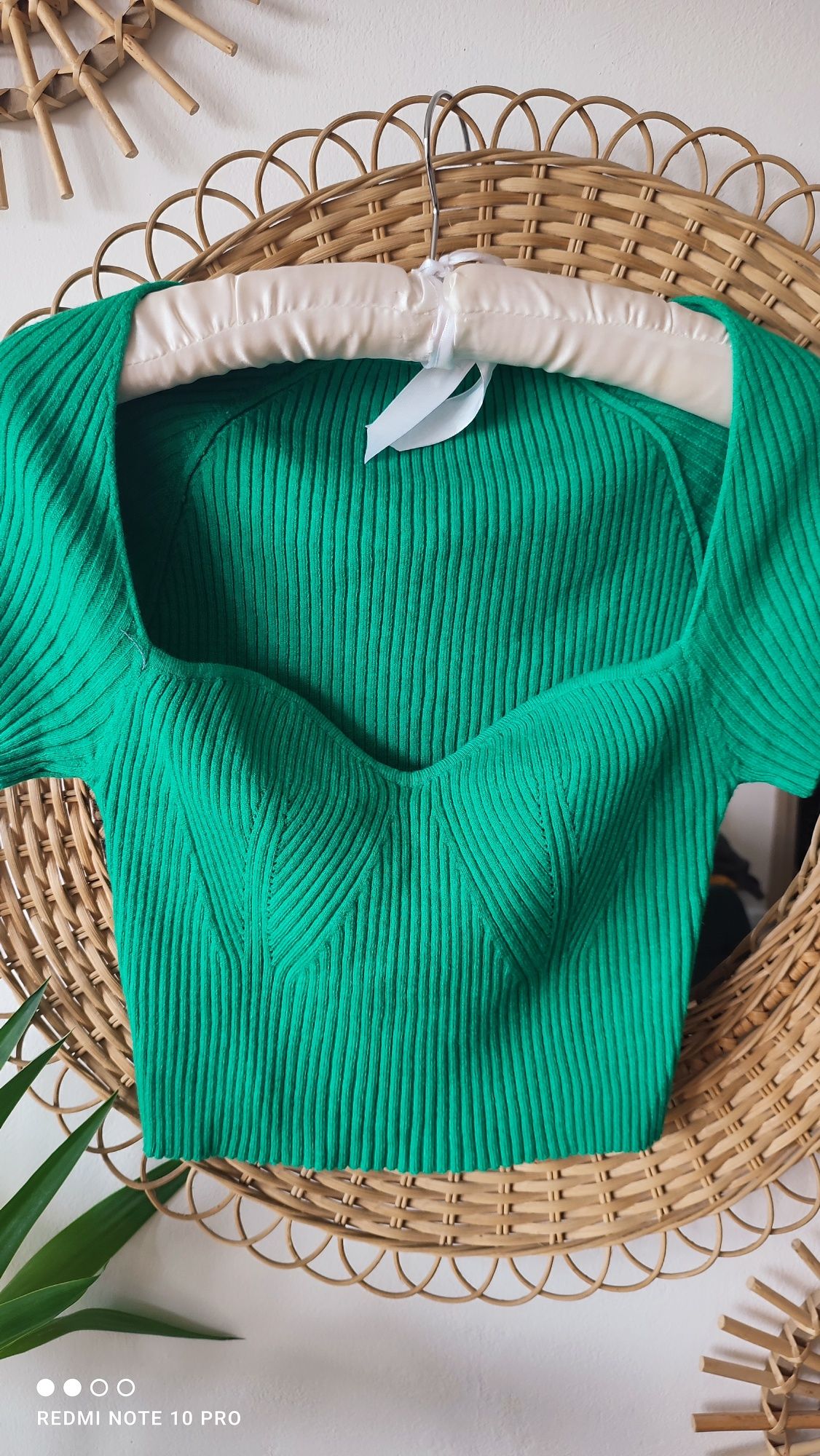 Sweter z krótkim rękawem top dzianinowy Zara zielona bluzka serce