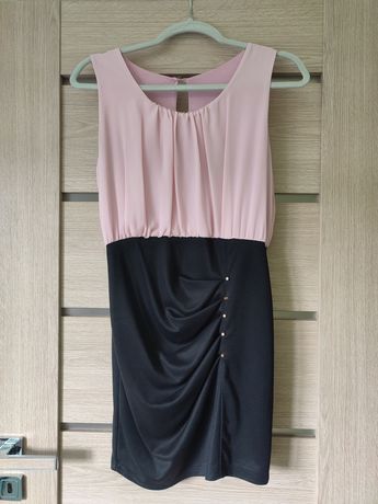 Sukienka mini pudrowy róż z czarnym, rozmiar s/m