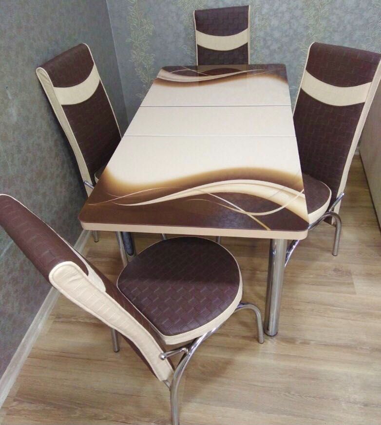 Стеклянный обеденный раскладной кухонный стол со стульями Обідній стіл