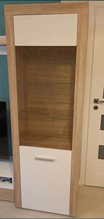 Regał zamykany szklany drewno i lakierowana biel