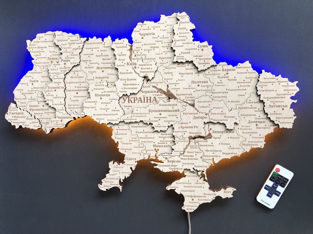 Деревʼяна 3D карта України  з LED підсвіткою