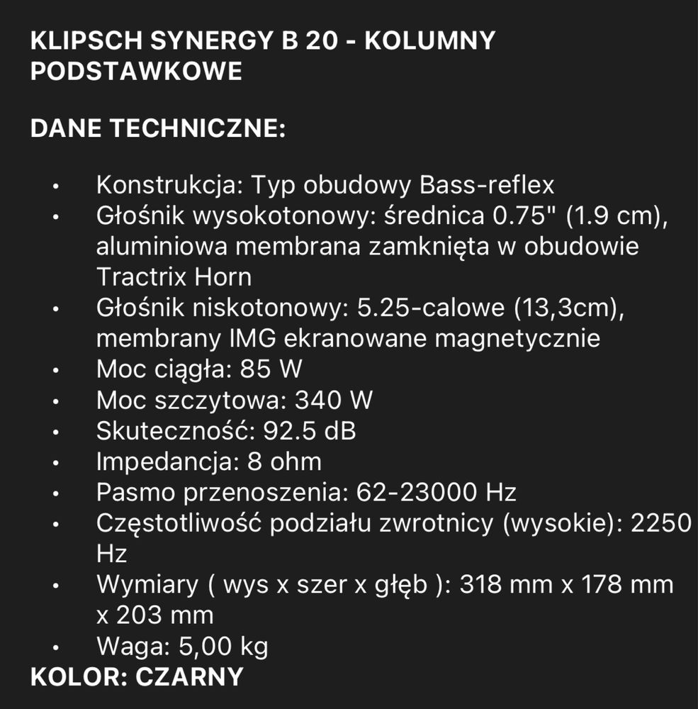 Kolumna centralna Klipsch Synergy II  plus dwie kolumny podstawkowe