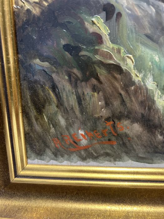 Obraz – pejzaż – olej na desce – złota drewniana rama