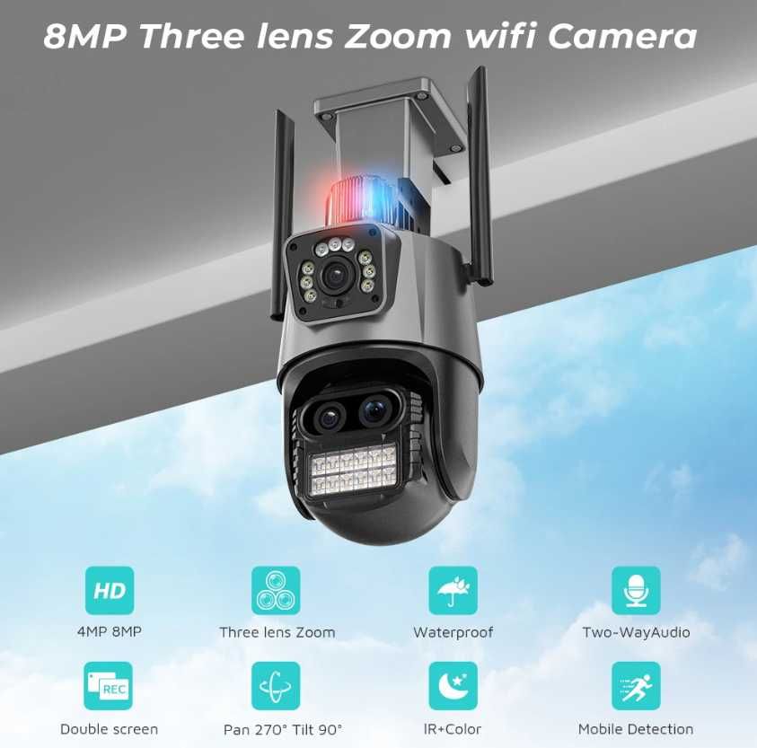 Уличная 9 Мп поворотная камера видео наблюдения 3 объектива ZUM 8-X