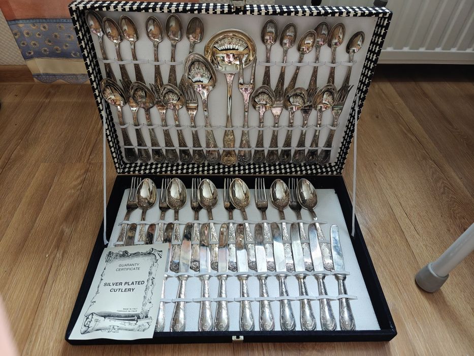 Piękne sztućce retro posrebrzane włoski komplet w walizce srebro antyk