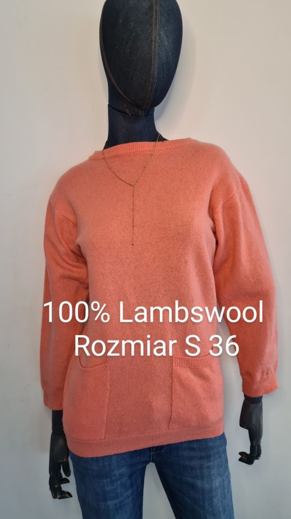 Sweter 100% Lambswool Wełna. Brzoskwiniowy Morelowy. Rozmiar S 36/ M