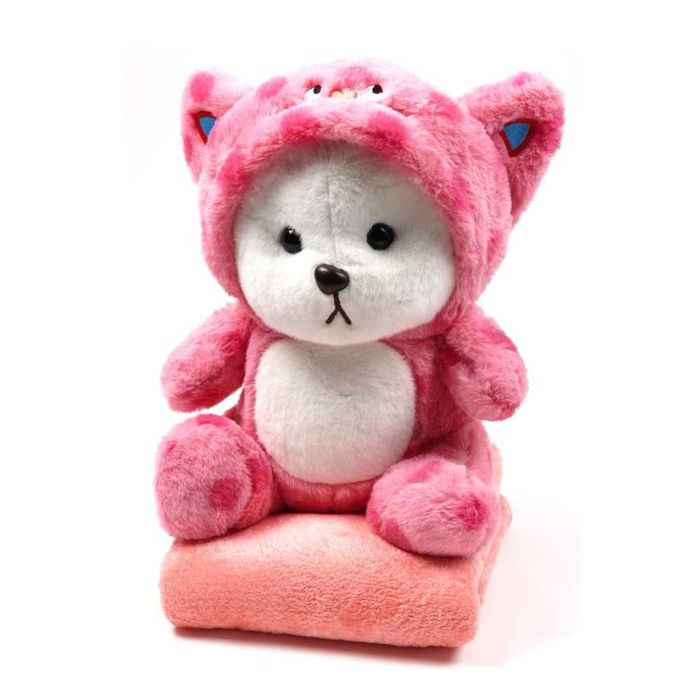 Мягкий мишка с капюшоном 3в1: игрушка, подушка, плед (розовый, 40 см)