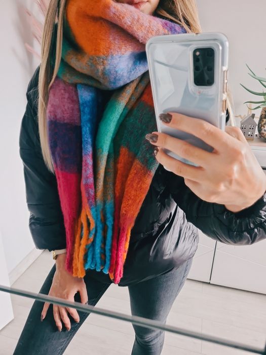 Piękny szal mega gruby miękki krata jesienny milutki zimowy kolorowy