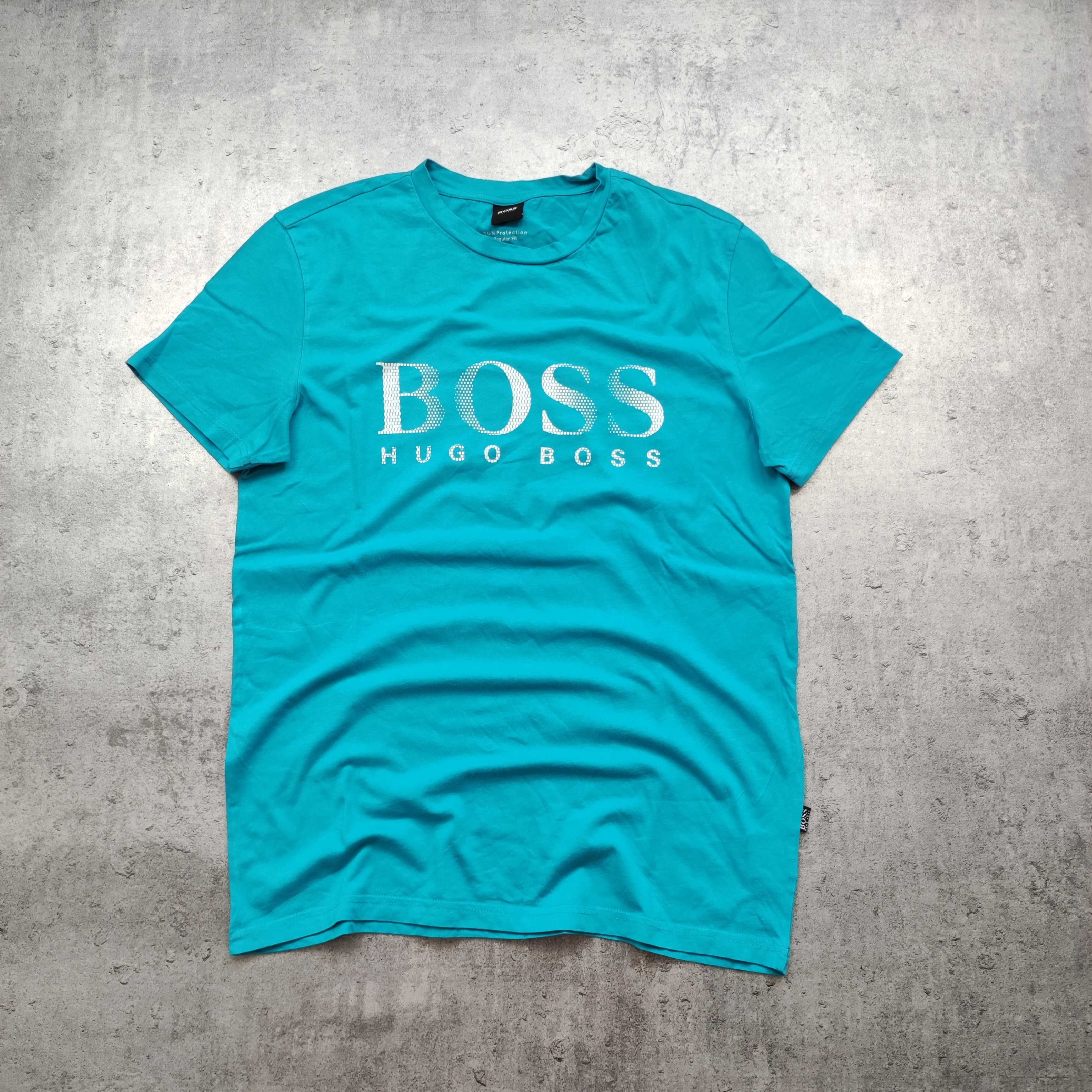 MĘSKA PREMIUM Koszulka Bawełna Morska Duże Logo Hugo Boss Nadruk Lato
