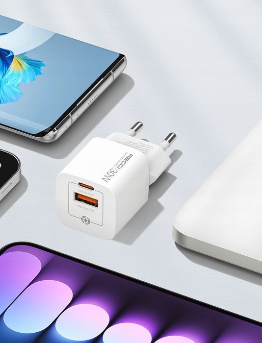 Mocna Szybka Ładowarka Sieciowa Gan 2X Usb-C/Usb 30W Mocny Zasilacz