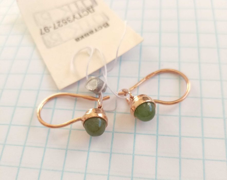 Нові вінтажні сережки з натуральним нефритом.  Срібло позолочене - 925