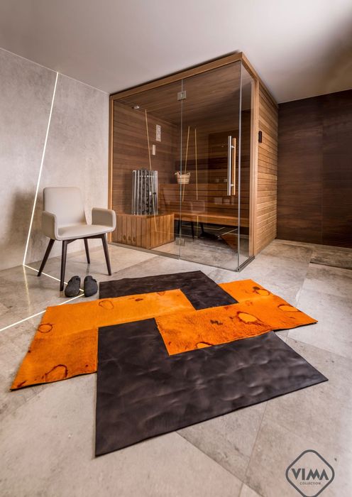 Ekskluzywny skórzany dywan z naturalnym włosiem czerń i pomarańcz