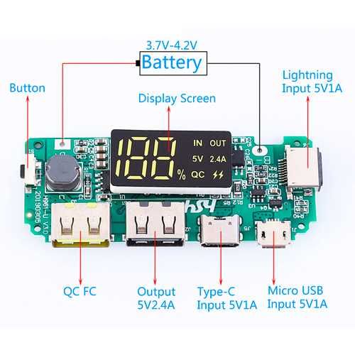 Модуль, плата PowerBank павербанк с LCD дисплеем, 3 x USB 5В,type c,2А