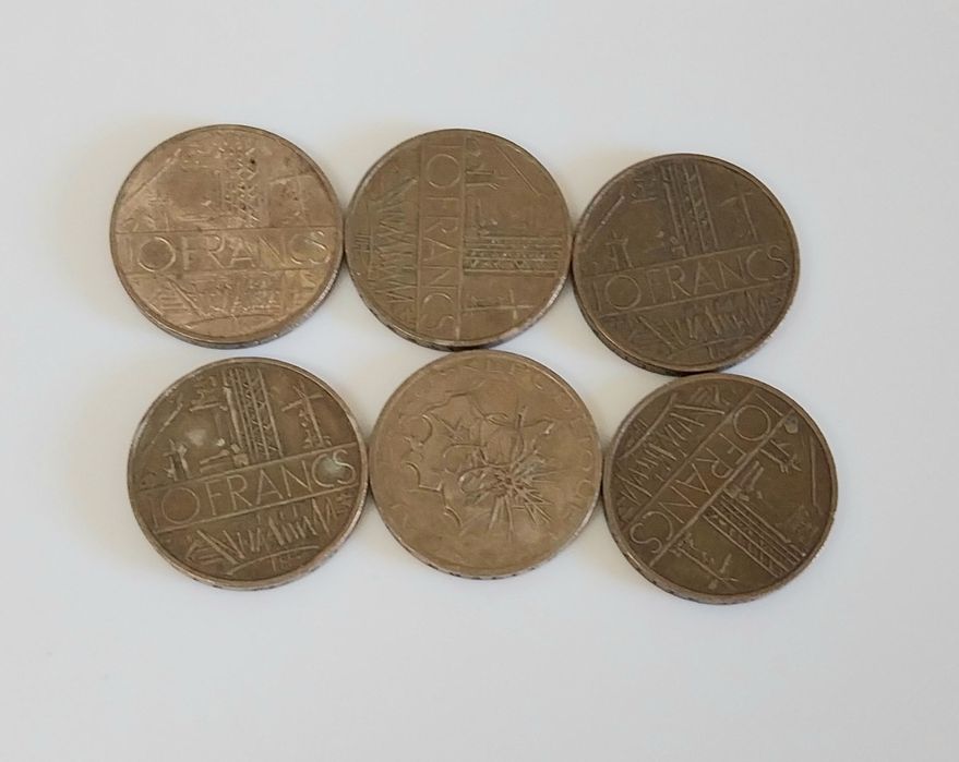 Lote de 6 moedas antigas de 10 francos franceses
