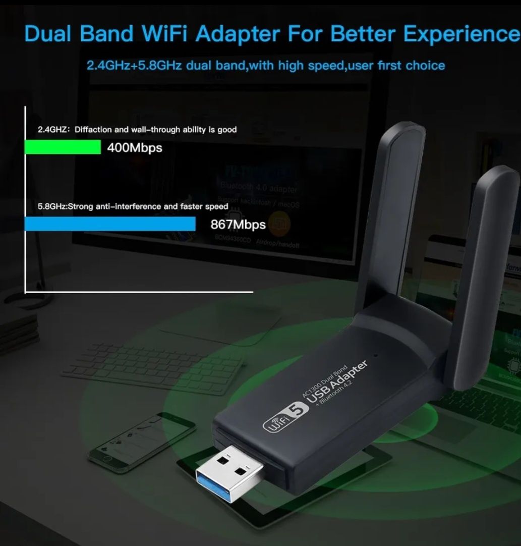 WiFi usb 3.0 адаптер 1300мбіт/с Bluetooth4.2 двоxдіапазонний 2.4/5Ghz.