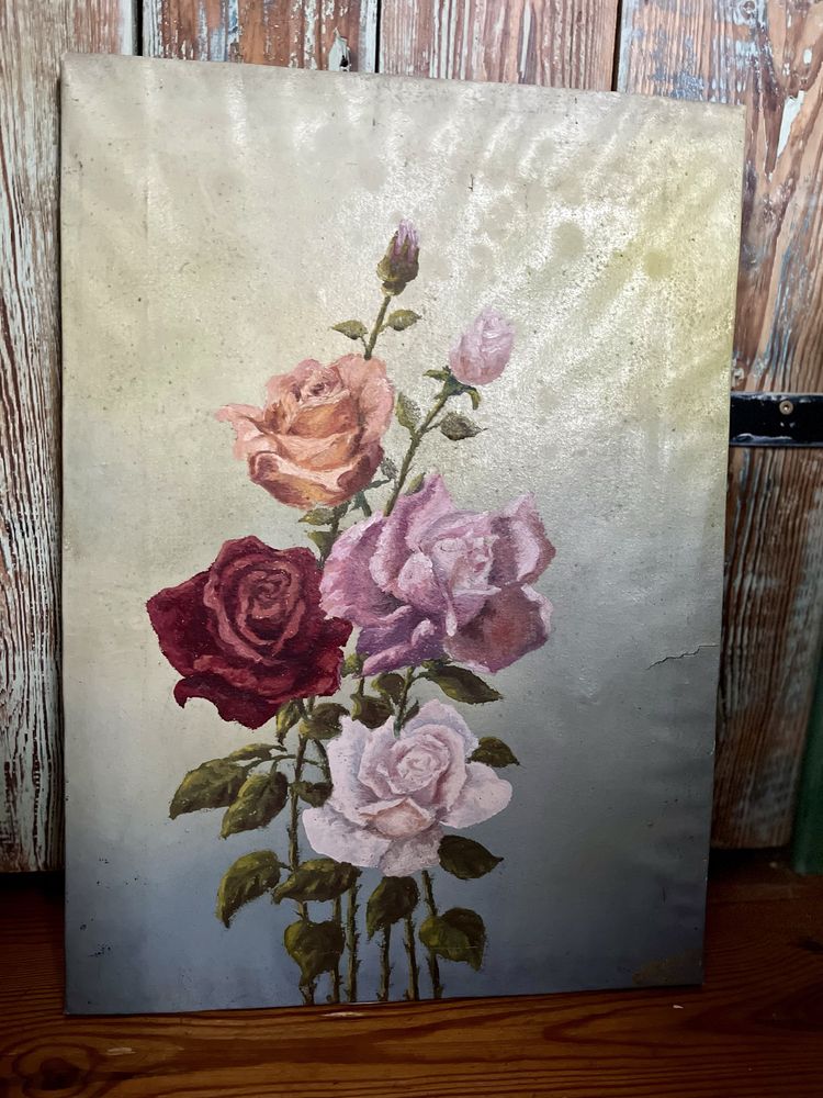 Stary obraz na płótnie sygnowany kwiaty róże