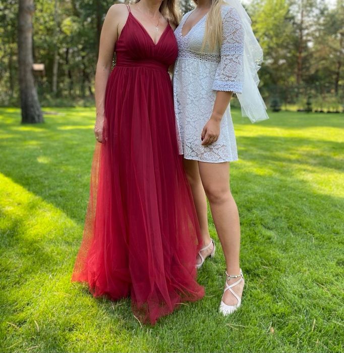 Bordowa długa sukienka na wesele studniówkę