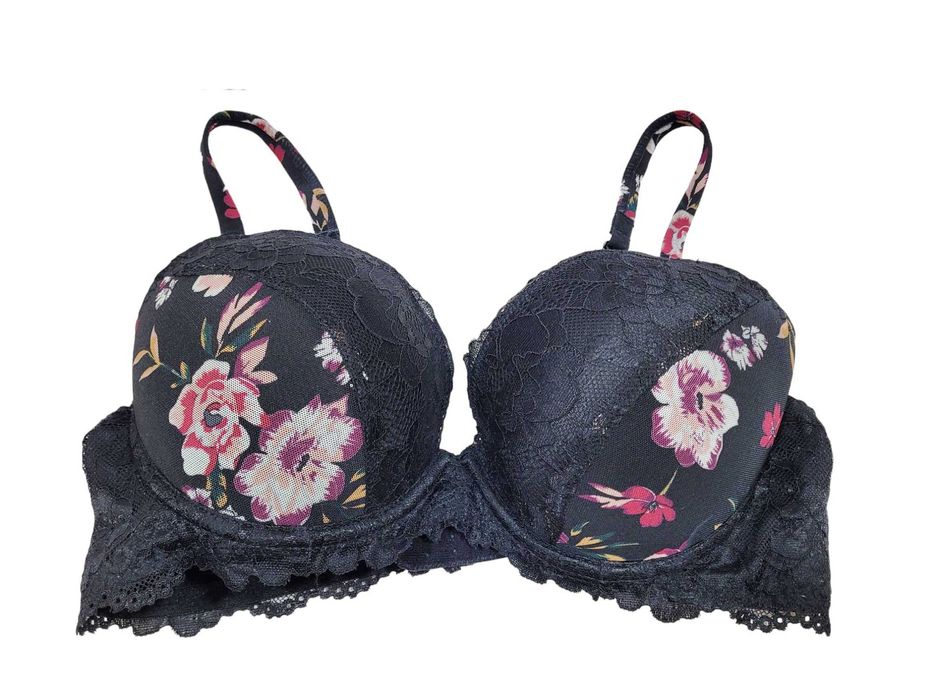 Czarny koronkowy stanik biustonosz 75B kwiaty BonPrix bielizna damska