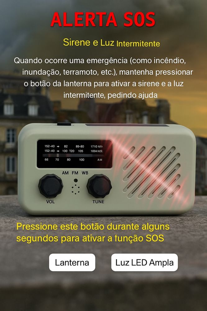 Rádio de Emergência Portátil Multifunções 6 em 1