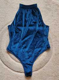 Body bluzka top welurowe niebieskie morskie z golfem M L 38 40