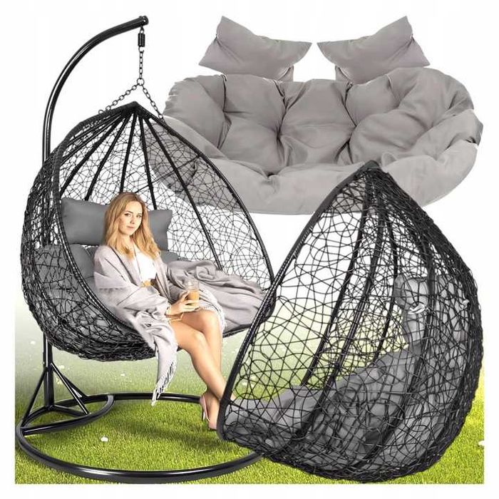 Fotel wiszący kokon ogrodowy dwuosobowy bujany huśtawka premium czarny