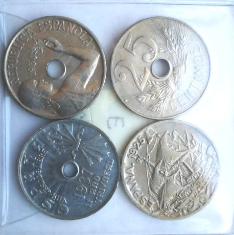 Moedas espanholas de 25 centavos.  De 1925 a 1937. Total de 4 moedas.