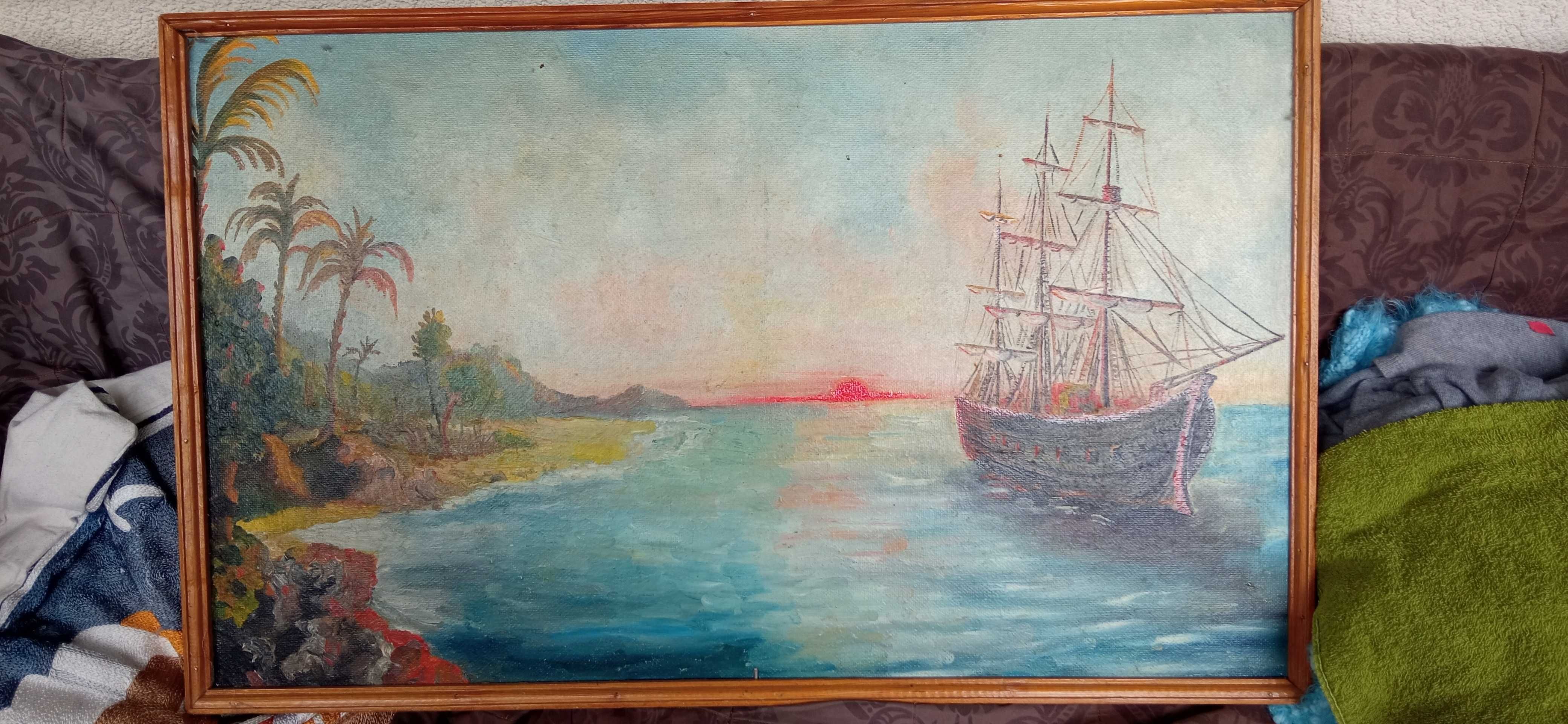 Obraz olejny, olej, ręcznie malowany, statek, okręt  80x50