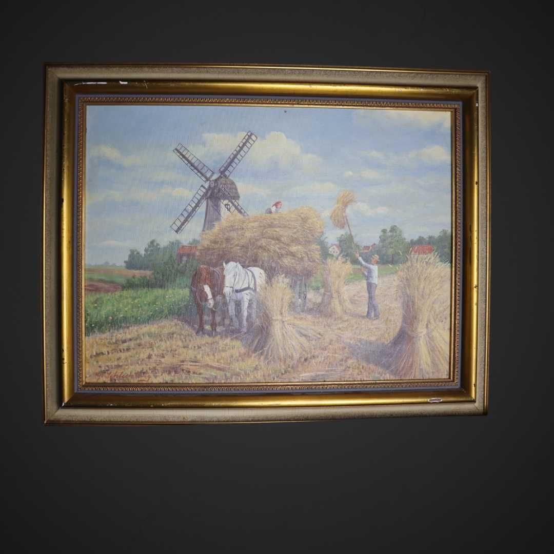 Obraz olejny  scena żniw z wiatrakiem, sygnowany b51/072652