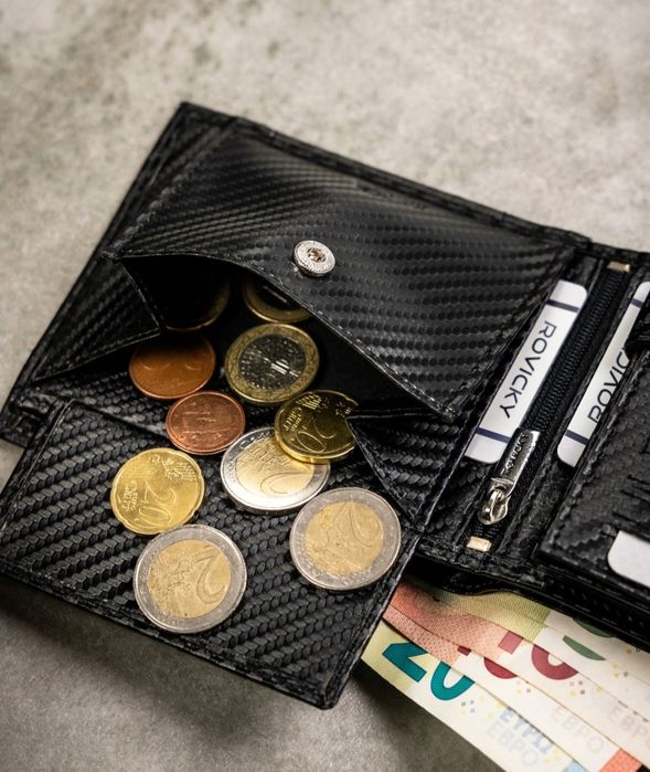 Skórzany portfel męski na zatrzask ochrona kart RFID czarny prezent