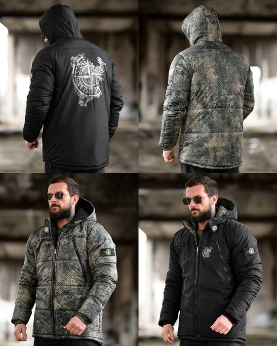 Чорна/Хакі тепла зимова чоловіча двостороння куртка Stone Island