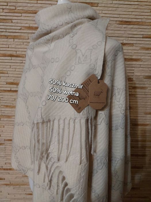 Piękny szal 50%kaszmir 50% wełna Cashmere r200x70 kolor jasny beż