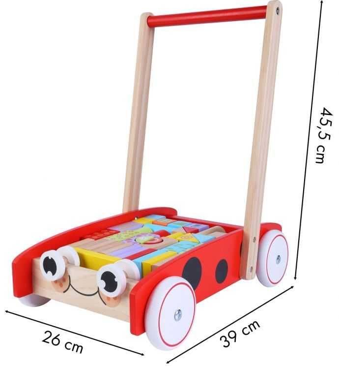 Drewniany wózek pchacz chodzik 40 klocków ECOTOYS dla dzieci 12 msc+