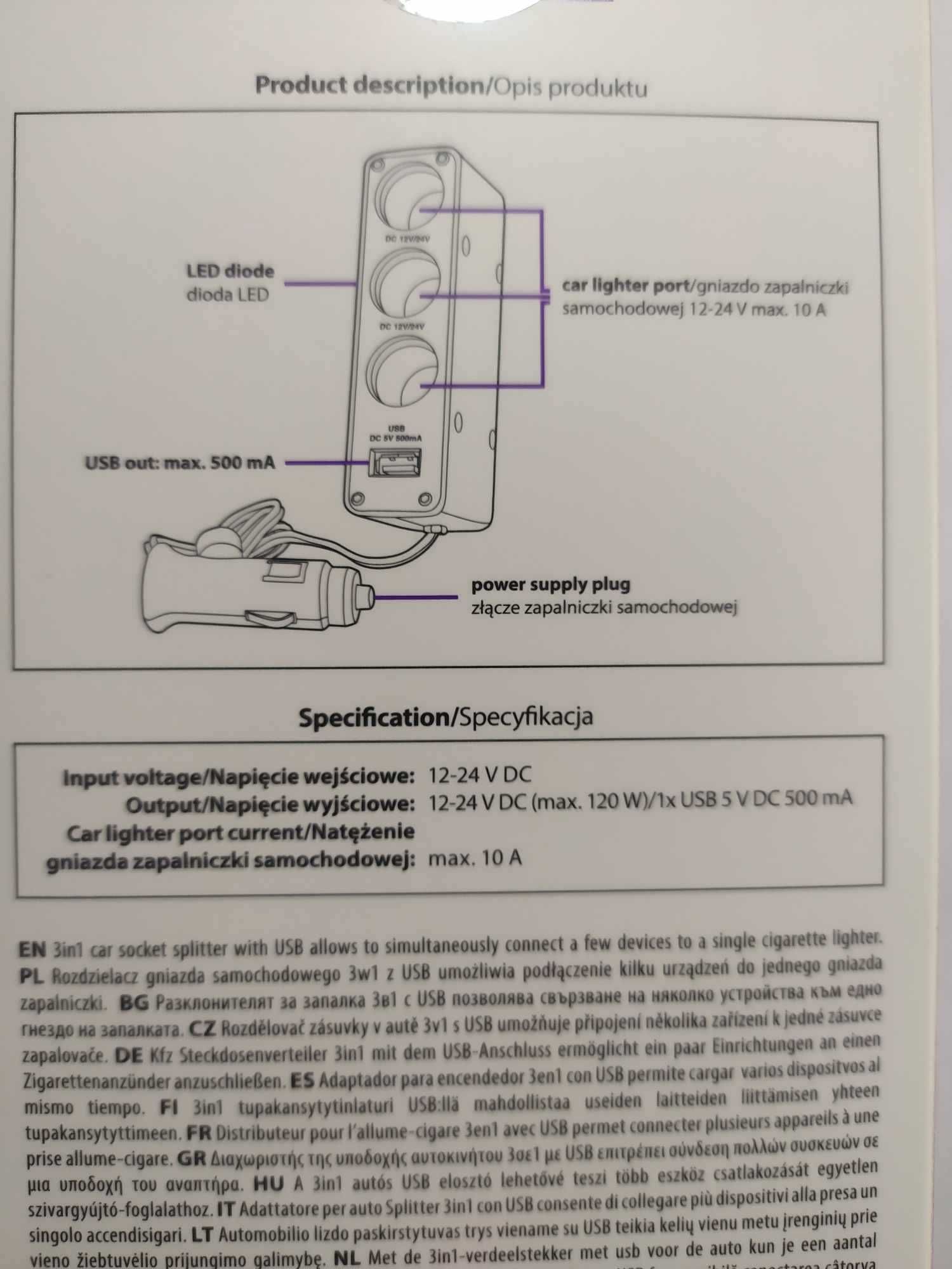 Rozdzielacz gniazda zapalniczki 3w1 USB
