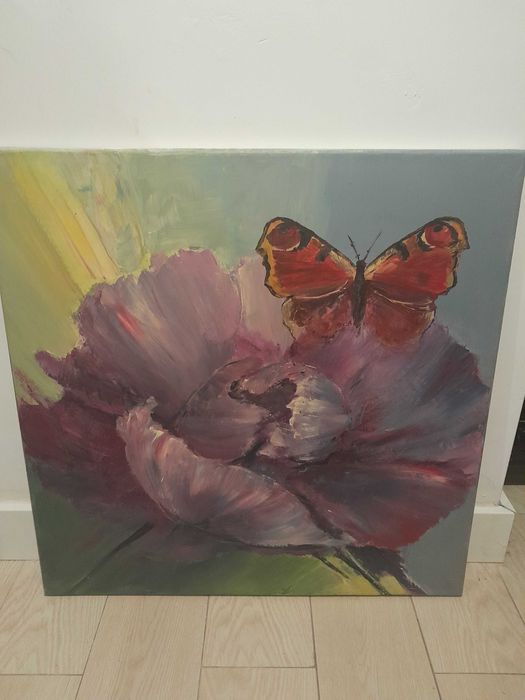 Obraz ręcznie malowany "Peonia i motyl"