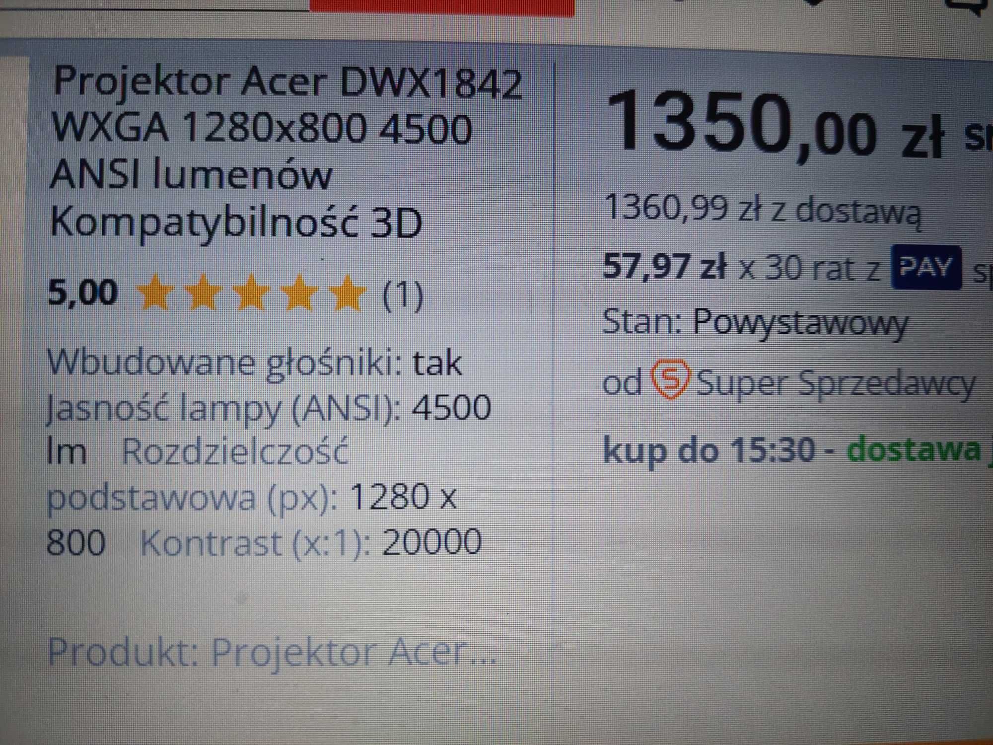 Projektor, rzutnik Acer DWX 1842 w bardzo dobrym stanie