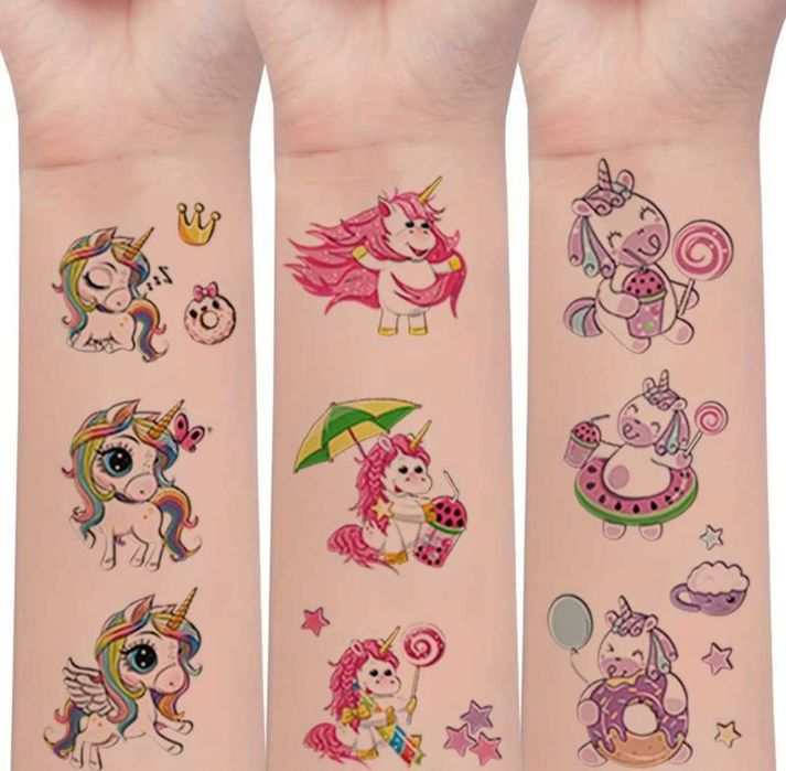 10 arkuszy tatuaży! Śliczne tatuaże TĘCZOWE JEDNOROŻCE