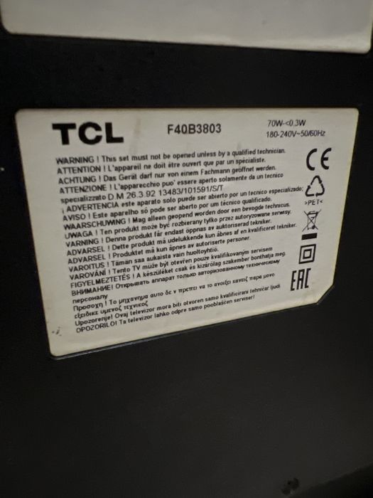 TV TCL 40cali 40” F40B3803 telewizor led uszkodzony, pods i matryca ok