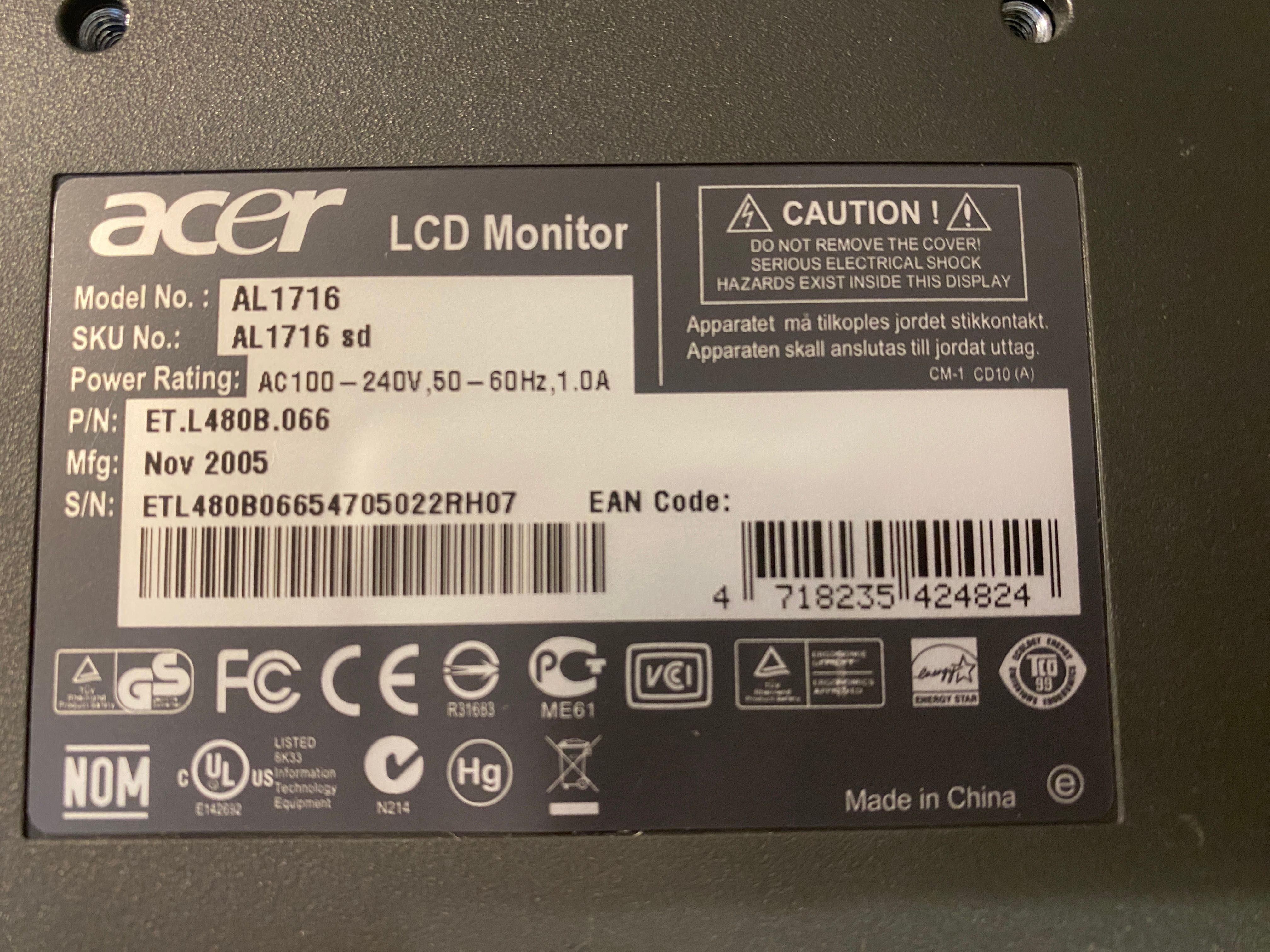 Монітор Acer AL1716 sd в гарному стані, інтерфейси DVI-D, VGA