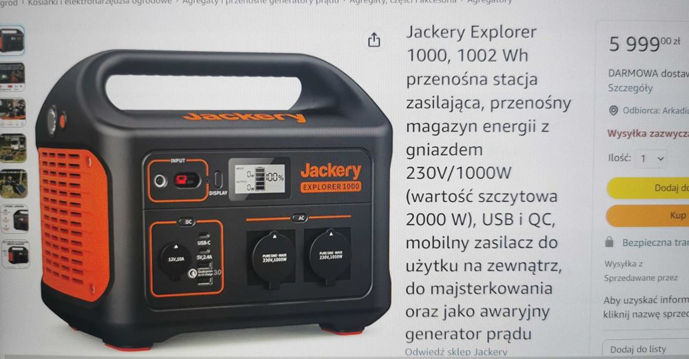 Zasilacz awaryjny generator prądu  jackery Explorer 1000EU jak ecoflow