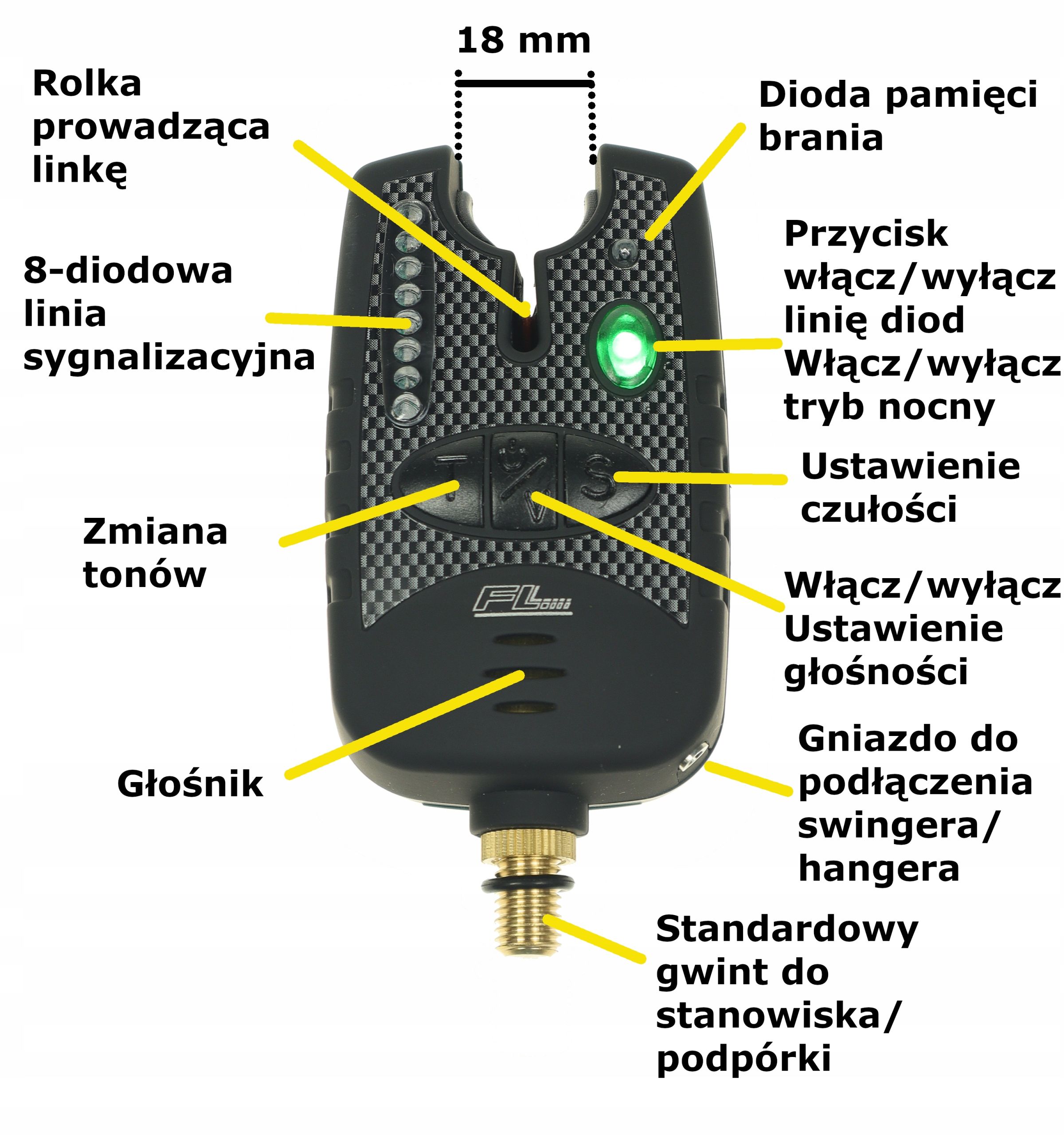 Wędkarski sygnalizator brań elektroniczny linia diod FL gruntowy karpi