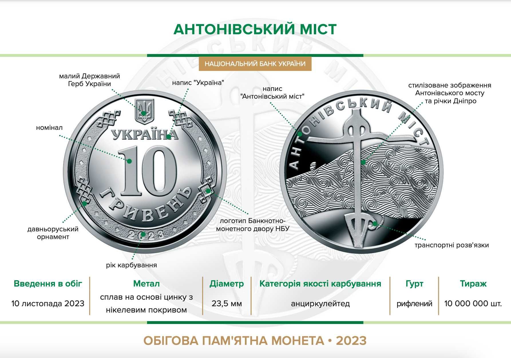 Монета 10 грн "Антонівський міст"