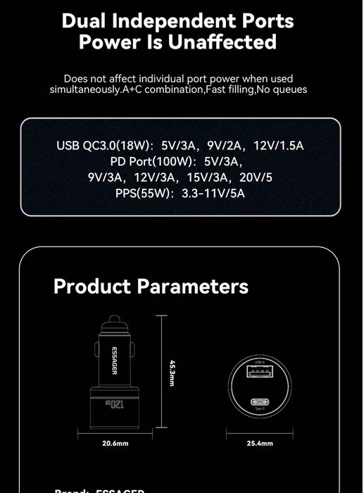 Автомобильное зарядное устройство для Essager 120W PD 20В 5А