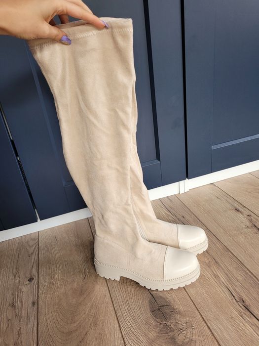 Kozaki wysokie trapery buty koty jasny beż zamsz 37