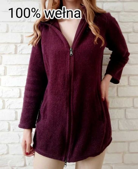 Cieplutki bordowy sweter z kapturkiem - 100% wełna