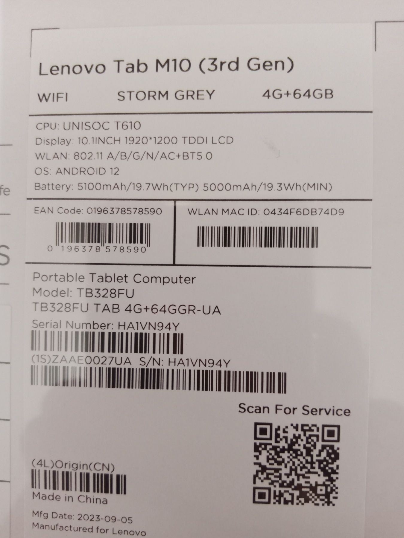 Планшет Lenovo Tab M10 (3rd Gen) WIFI STORM GREY 4G+64GB