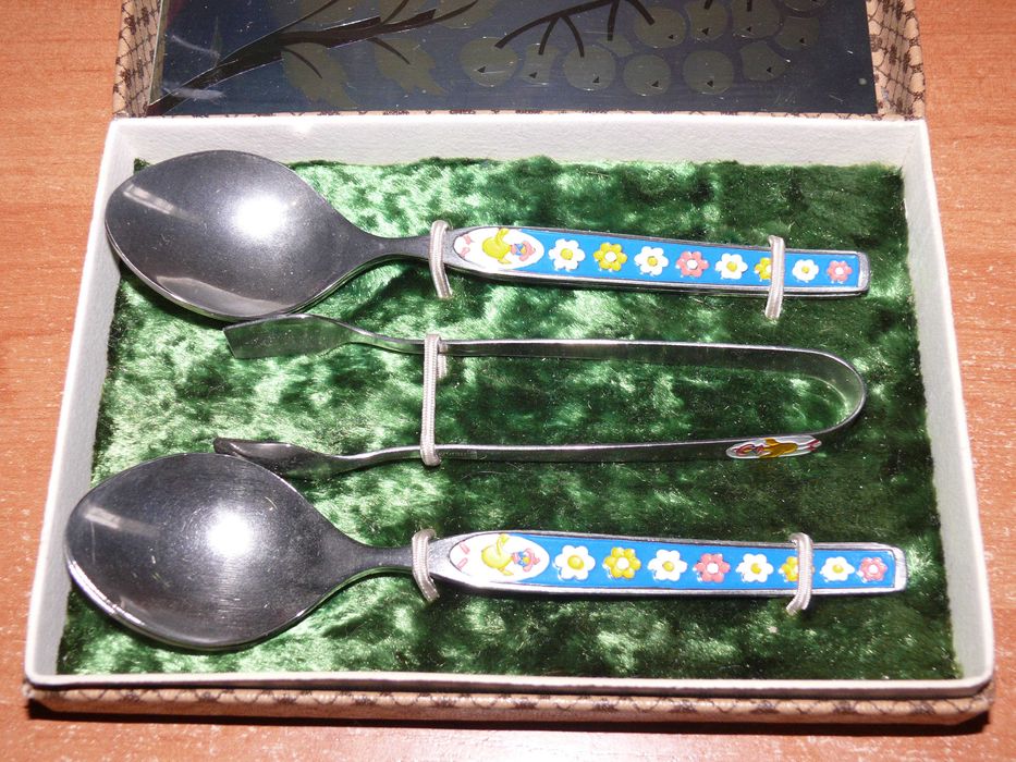 Чайные Ложки Цыплята СССР Сталь Эмали + Щипцы для Сахара Клеймо